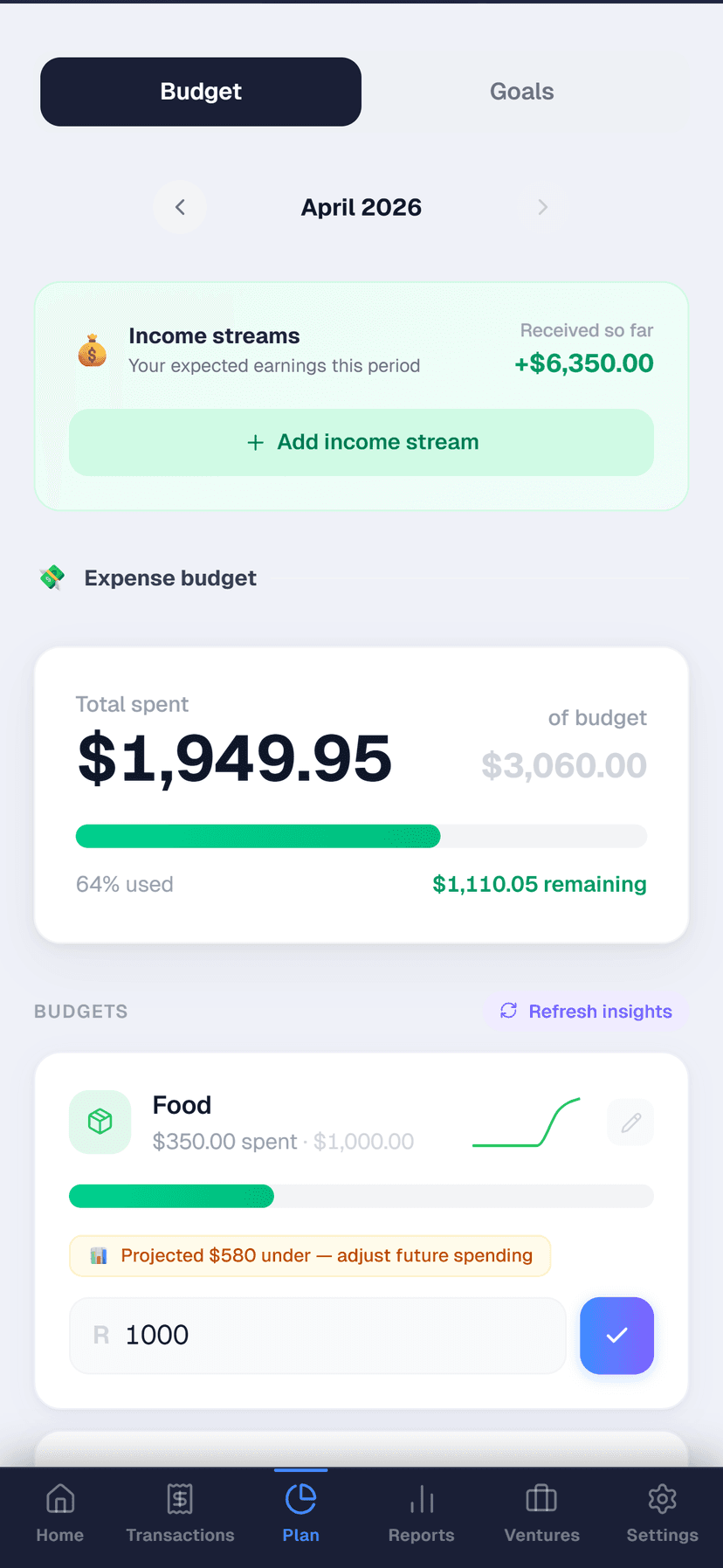 Budget tracking screen